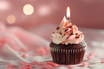 A whimsical chocolate cupcake with a candle