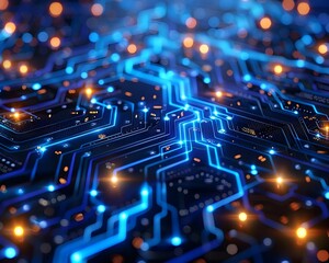 Wall Mural - intricate cyber circuit board with glowing blue lines and nodes high tech digital background