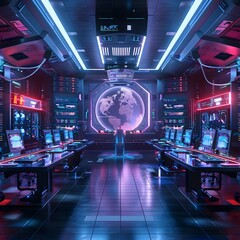 Poster - Futuristic Cyber Control Center with Holographic Displays and Neon Lighting Concept