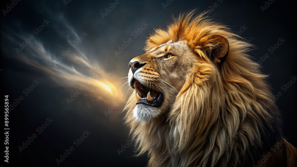 Powerful lion's majestic roar resonates against a dark, velvety black ...
