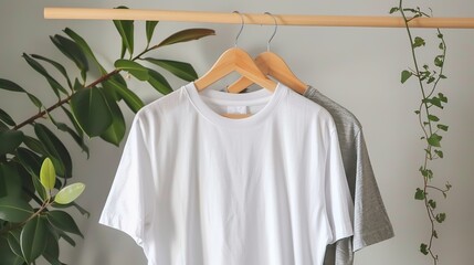 minimalistic mockup of white and grey t-shirts on wooden hangers in a bright room with natural sunli