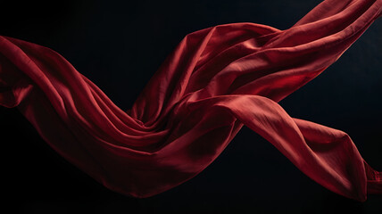 Wall Mural - long flying red silk cloth on black background. AI generated image