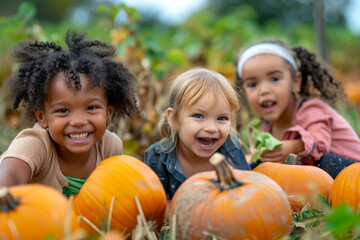 Diverse Little multiracial children picking pumpkins on Halloween pumpkin patch