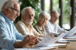 © Анатолий Сав - A group of elderly individuals is engaged in an animated discussion, reviewing documents around a table in a well-lit meeting room. Generative AI