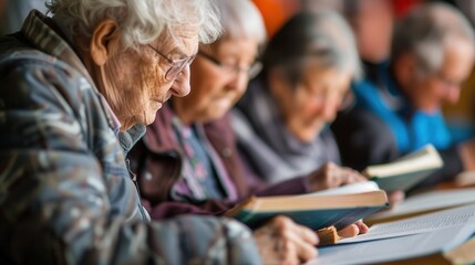 Poster - A group of elderly people are focused on studying foreign languages using textbooks and dictionaries in a cozy community center during an evening class. Generative AI