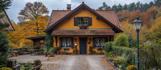 Poster - Charming Yellow House with Autumnal Surroundings