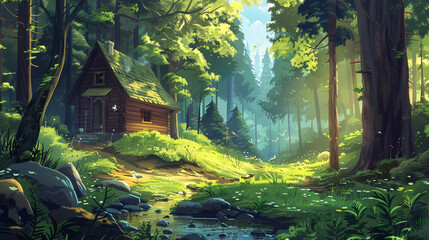 Aufkleber - Sun shining through the trees on a small wooden cabin nestled in a lush green forest clearing