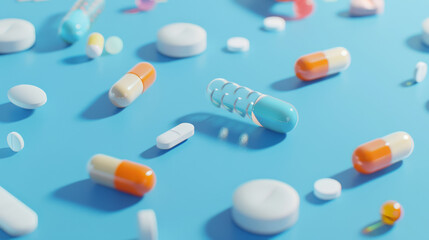 A detailed close-up of various colorful pills and tablets spread across a blue surface, representing medical diversity and pharmaceutical care.