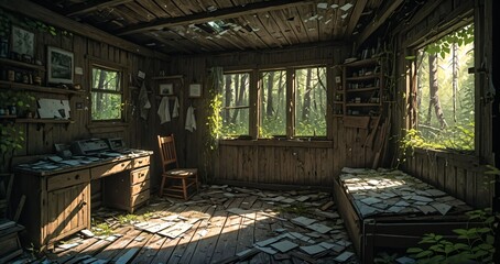 abandoned cabin house in the woods. wooden log lodge interior in the forest on a sunny summer day with sun rays through windows in nature.