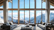 © VK Studio - A luxurious, modern living room with floor-to-ceiling windows reveals a breathtaking panoramic view of snow-capped mountains under a clear blue sky.