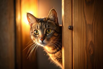 Curious cat's whiskered face peers out from behind slightly open door, light casting a warm glow on its fur as it cautiously surveys its surroundings.