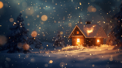 Aufkleber - Tranquil wooden cabin bathed in warm light on a snowy winter evening, creating a cozy and peaceful atmosphere