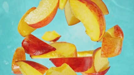 Canvas Print - Super Slow Motion of Falling Peaches Slices into Water, Blue Background. Filmed on High Speed Cinema Camera, 1000 fps. Camera Tracking the Target.