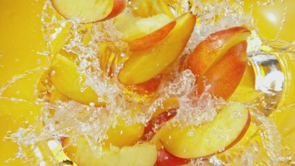 Canvas Print - Super Slow Motion of Falling Peaches Slices into Water, Colored Background. Filmed on High Speed Cinema Camera, 1000 fps. Camera Tracking the Target.