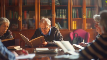 Poster - Elderly people study foreign languages, surrounded by bookshelves filled with literature, engaged in learning with textbooks and dictionaries. Generative AI