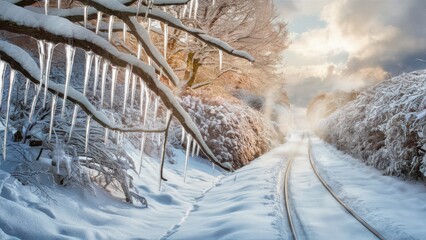 Sticker - A train tracks running through a snowy forest with icicles hanging from trees, AI