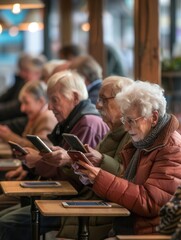 Aufkleber - A group of elderly people is seated at tables in a café, absorbed in conversation and using their smartphones together. Generative AI