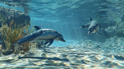 Poster - Two dolphins swim through a shallow coral reef in clear, blue water with sunlight shining down.