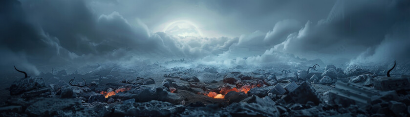 Wall Mural - A desolate landscape with a large, glowing moon in the sky