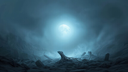 Wall Mural - a moon is shining in the sky above a desolate landscape