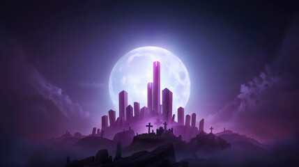 Wall Mural - A city with a large purple moon in the sky