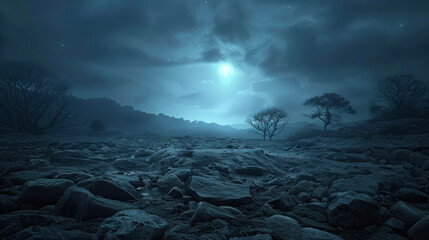 Poster - A dark, rocky field with a full moon in the sky