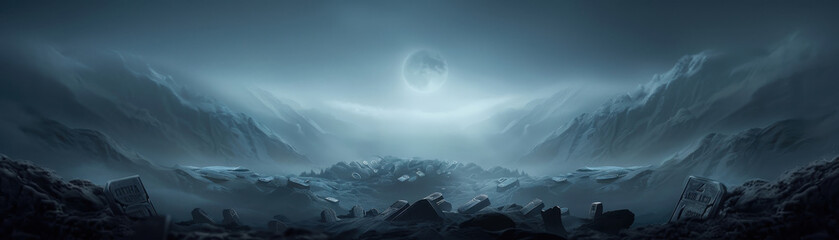 Wall Mural - A desolate landscape with a large moon in the sky