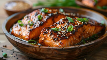 Glazed teriyaki salmon fillets, brown wooden bowl, white table surface, garnished with sesame seeds and chopped green onions, rich red-brown sauce, food photography.