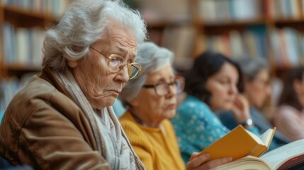 Poster - Group of elderly learners focus on foreign language textbooks in a cozy community library setting, deepening their language skills and knowledge. Generative AI
