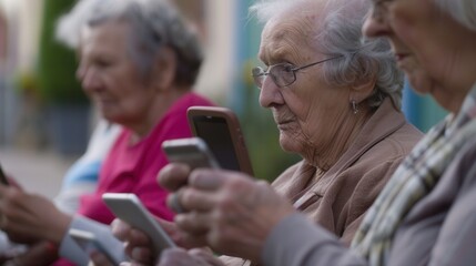 Aufkleber - A group of elderly women is focused on their smartphones, enjoying their time outside the assisted living facility, discussing and sharing experiences. Generative AI