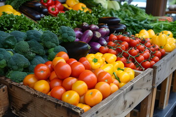 Wall Mural - At farmers market, organic vegetables in wooden crates. Simple feel, farm produce. Assortment includes tomato, cherry tomato, broccoli, eggplant, leafy greens. Organic food concept