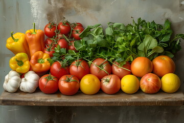 Wall Mural - Fresh mix of organic vegetables assortment displayed on wooden surface. Simple rustic style. Concept of organic natural products, eco friendly, farm to table