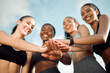 © peopleimages.com - Stack, teamwork and hands of women for fitness, support or motivation in outdoor activity or health. Sports, friends and group of happy athletes in huddle for running practice, exercise or training