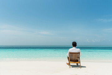 Back view of businessman sitting on a wooden chair on a tropical beach shore with turquoise sea. Solo vacation travel, summer holiday relaxation, paradise destination