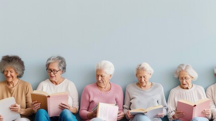 Poster - A group of elderly people studies foreign languages together using textbooks and dictionaries in a quiet setting. Generative AI