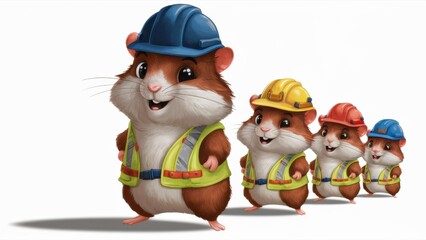 Canvas Print - A group of cartoon hamsters wearing hard hats and safety vests, AI