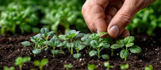 Poster - Hand Gently Tending to Young Green Sprouts in Rich Soil