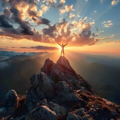 Poster - Silhouetted Figure Triumphantly Embracing New Beginnings on Mountain Peak at Dramatic Sunrise