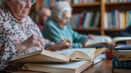 Poster - A group of elderly learners explores foreign languages using textbooks and dictionaries in a warm, inviting library environment. Generative AI