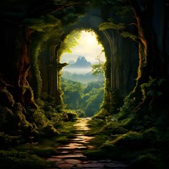 Canvas Print - a lush, emerald green forest with a sunlit path winding through the trees, leading to a mysterious, veiled opening in the distance.