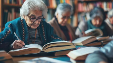Poster - Groups of elderly individuals study foreign languages together, using textbooks and dictionaries in a warm and inviting library atmosphere. Generative AI