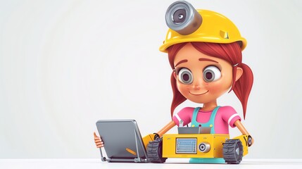 Sticker - A cartoon girl with red hair and a yellow hard hat is looking at a tablet, with a toy robot in front of her.