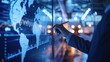 © AGCreative - Business person using modern technology to analyze global data on a digital screen in a futuristic office setting with bokeh lights.