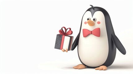 Sticker - A cartoon penguin wearing a bow tie is holding a gift.