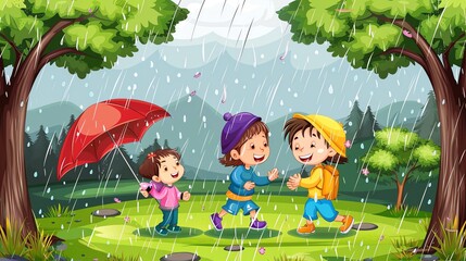 Wall Mural - A cartoon illustration of three children walking in the rain.