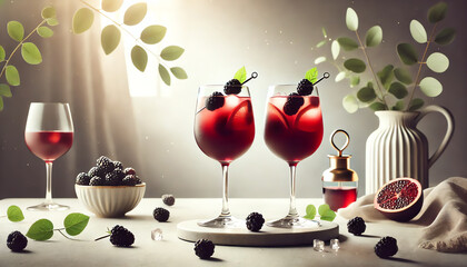 Wall Mural - Two cocktail glasses filled with a refreshing Red Sangria with Blackberries drink