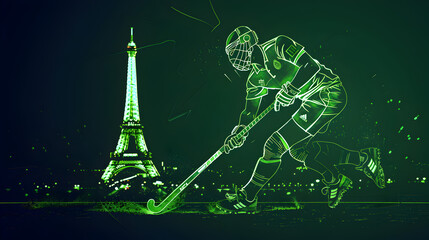 Wall Mural - Neon Field Hockey Player: Neon outline of a field hockey player with the Eiffel Tower in the background on a dark green background.


