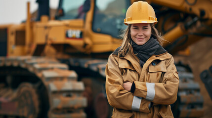 portrait of smiling woman wearing hard hat and jacket standing in front of bulldozer.Portrait of a 25 year old young beautiful bulldozer operator