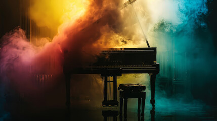 A grand piano stands amidst a vibrant cloud of swirling smoke, illuminated by a gradient of warm and cool colors, creating a mystical and artistic atmosphere.