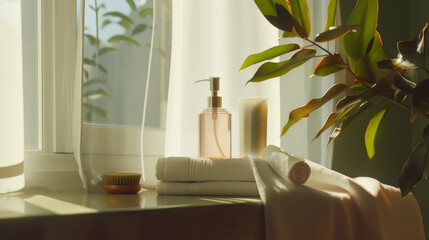 Canvas Print - Sunlight filters through a window, illuminating soft towels and a soap dispenser on a serene, leafy windowsill.